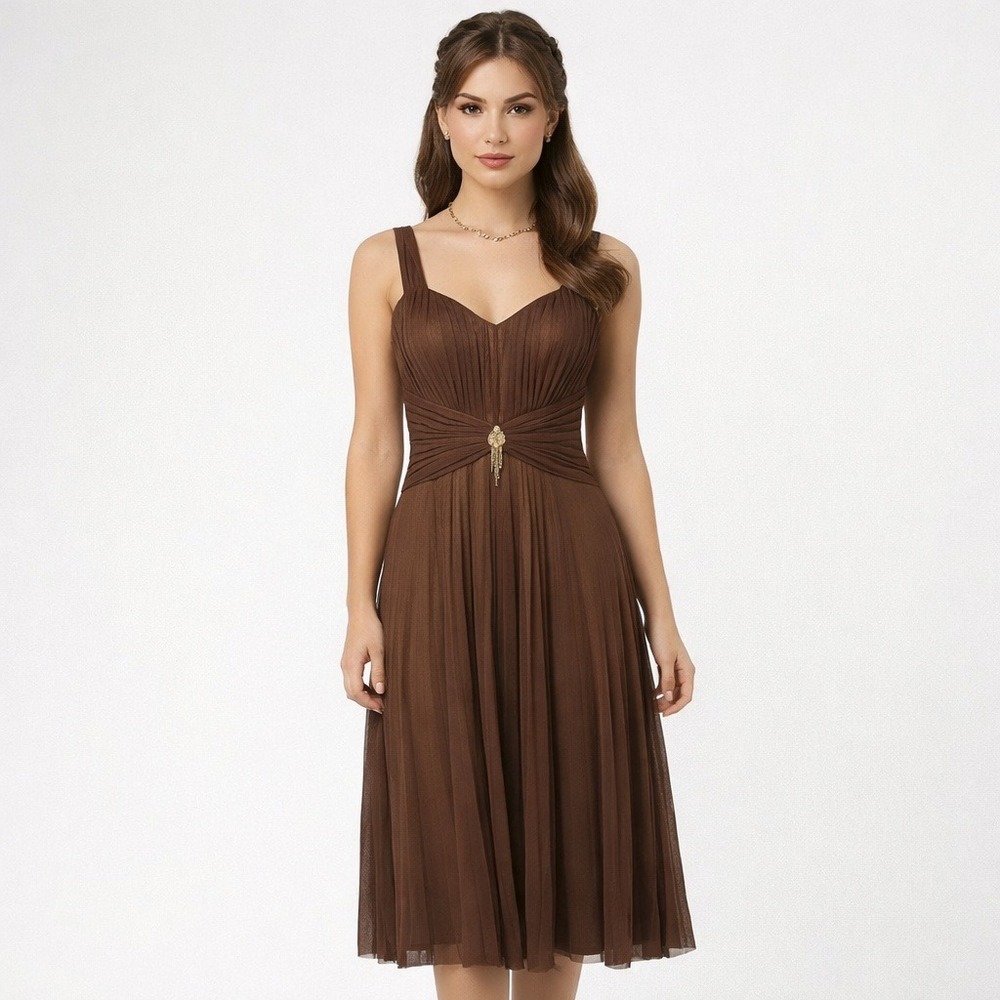Badgley Mischka Women Evening Gown 14‎ Brown Vintage Empire Chiffon Beaded Y2K